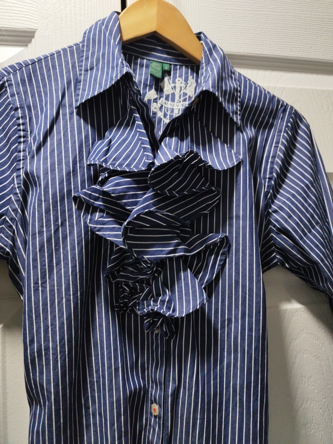 lauren jeans company Blue/White Striped Ruffle 3/4 Sleeve Shirt Dress/Tunic M