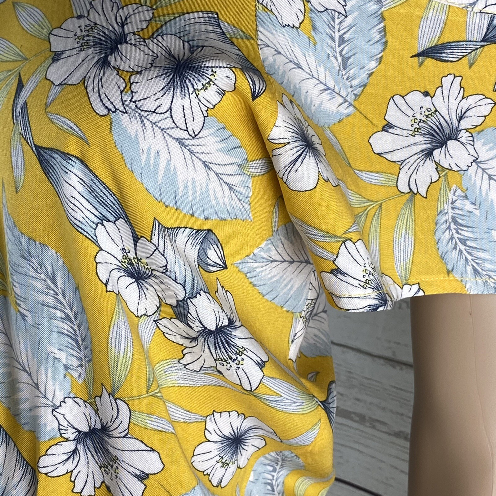 Island Haze Sundress Small Yellow Gray White Hibiscus Floral Hawaiian Dress Cute