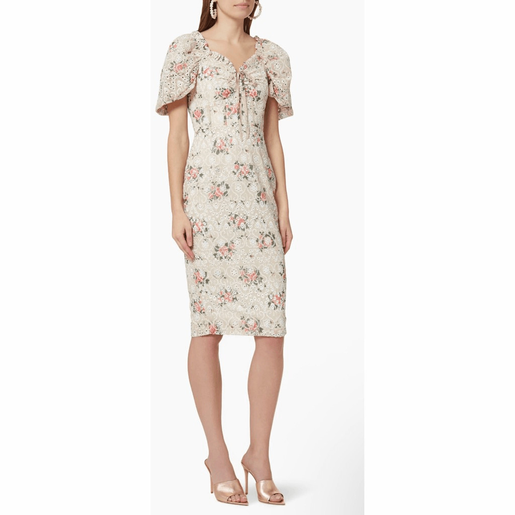 Lavish Alice Off Shoulder Floral Lace Midi Dress Puff Sleeve Corset Sz 6 NWT