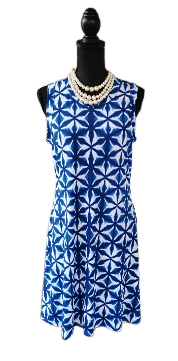 Karen Kane Knit Dress L Blue White Black A Line Wildflower Halter Swing 12 NEW