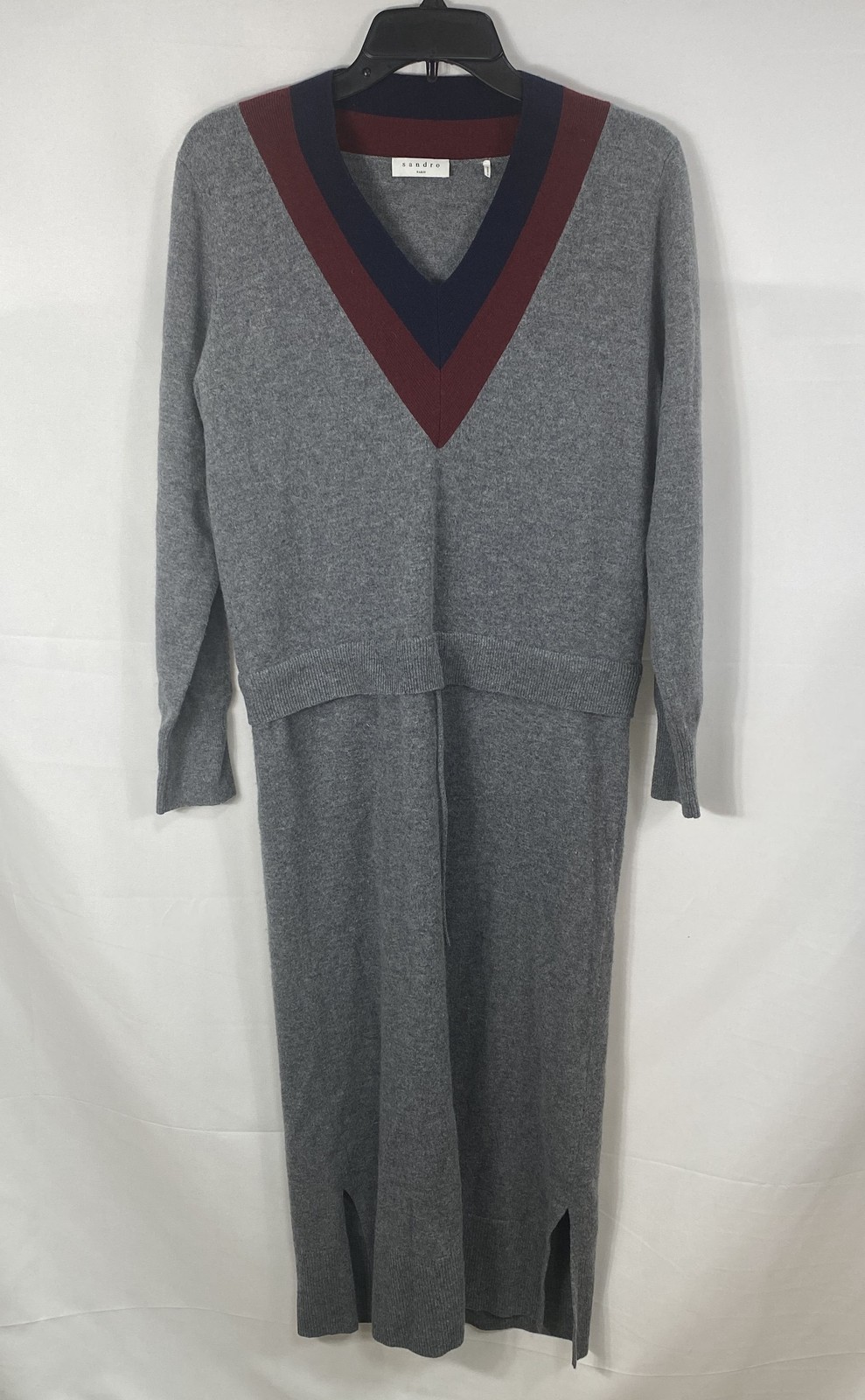 Sandro Women’s Grey Knit V-Neck Dress Red Blue Trim Wool Cashmere Blend
