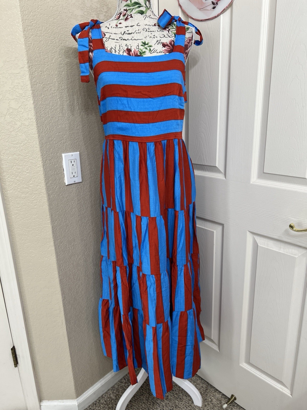 PrettyGarden Striped Tie-Shoulder Maxi Dress In Blue & Red Size Small NWT
