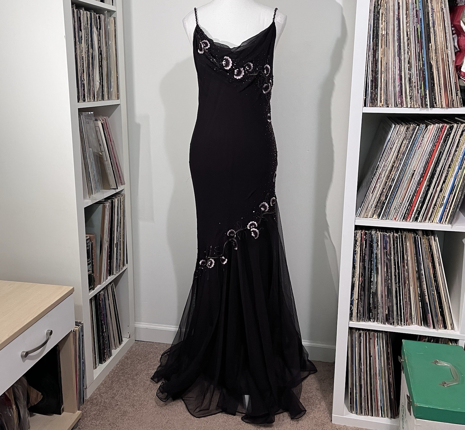 VTG Xscape Y2K Silk Beaded Floral Brown Formal Mermaid Cowl Neck Dress Women’s 6