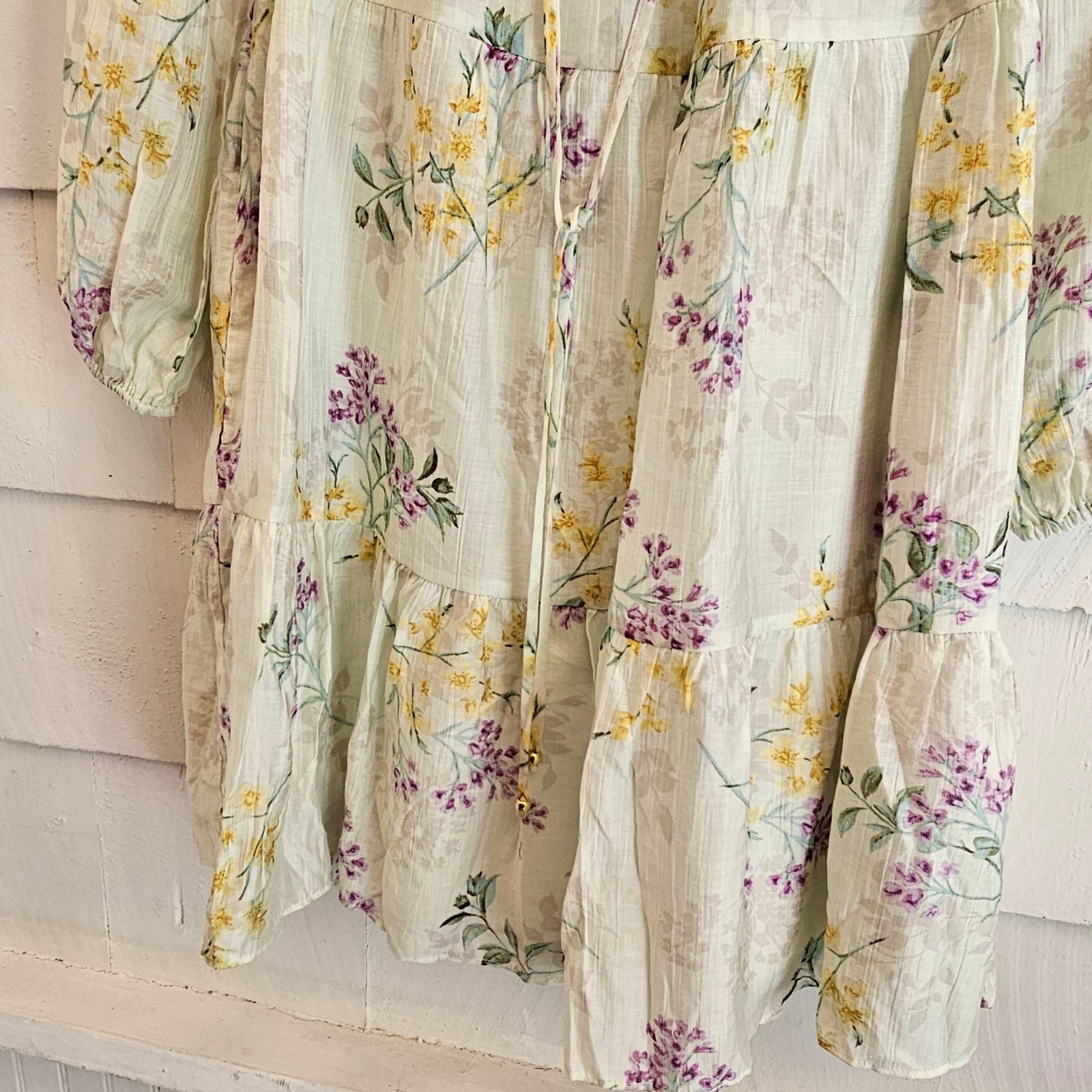 Taylor Floral Tiered Mini Dress Lyocell Ruffle Tie Neck Long Sleeve Women’s