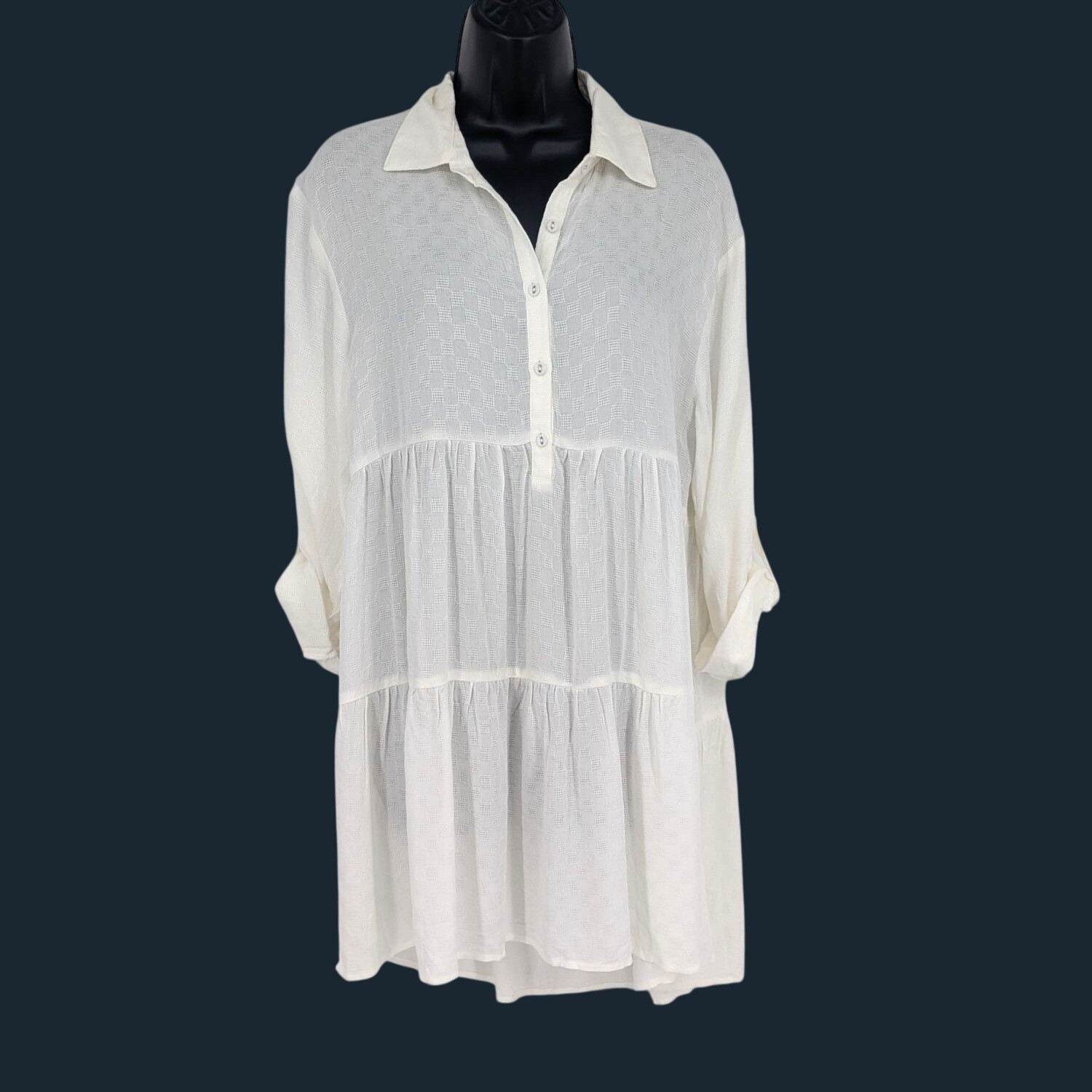 Love Stitch Tiered Gauze Tunic Dress Roll Tab Sleeve Boho Festival Flowy Small