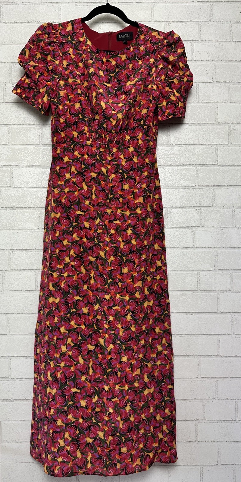 Saloni Floral 100% silk Midi Dress Size 4 Red Pink Green Modest Office