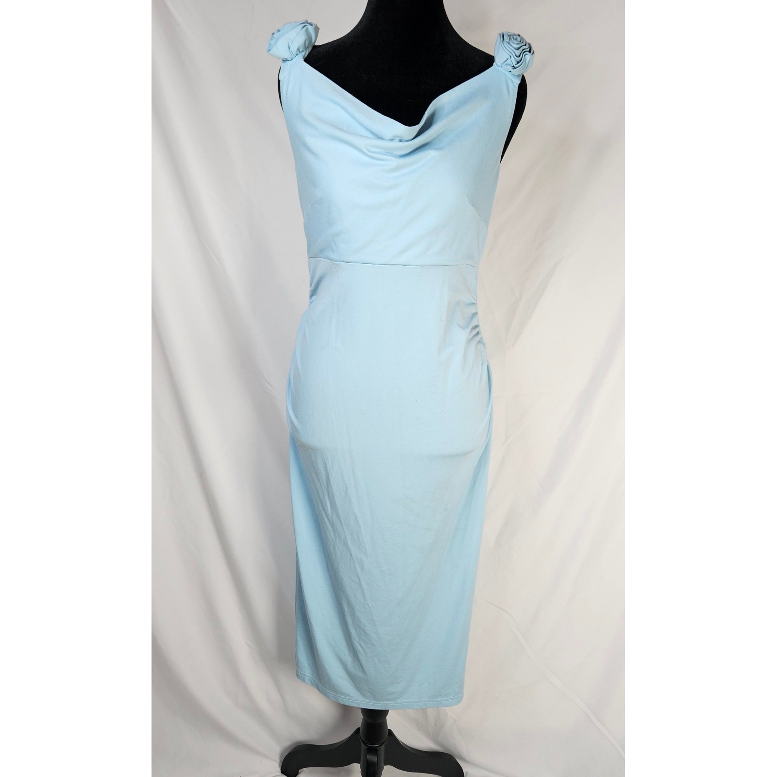Women’s Maacie Light Blue Sleeveless Cowl Neck Ruched Dress Rose Detail Sz Small