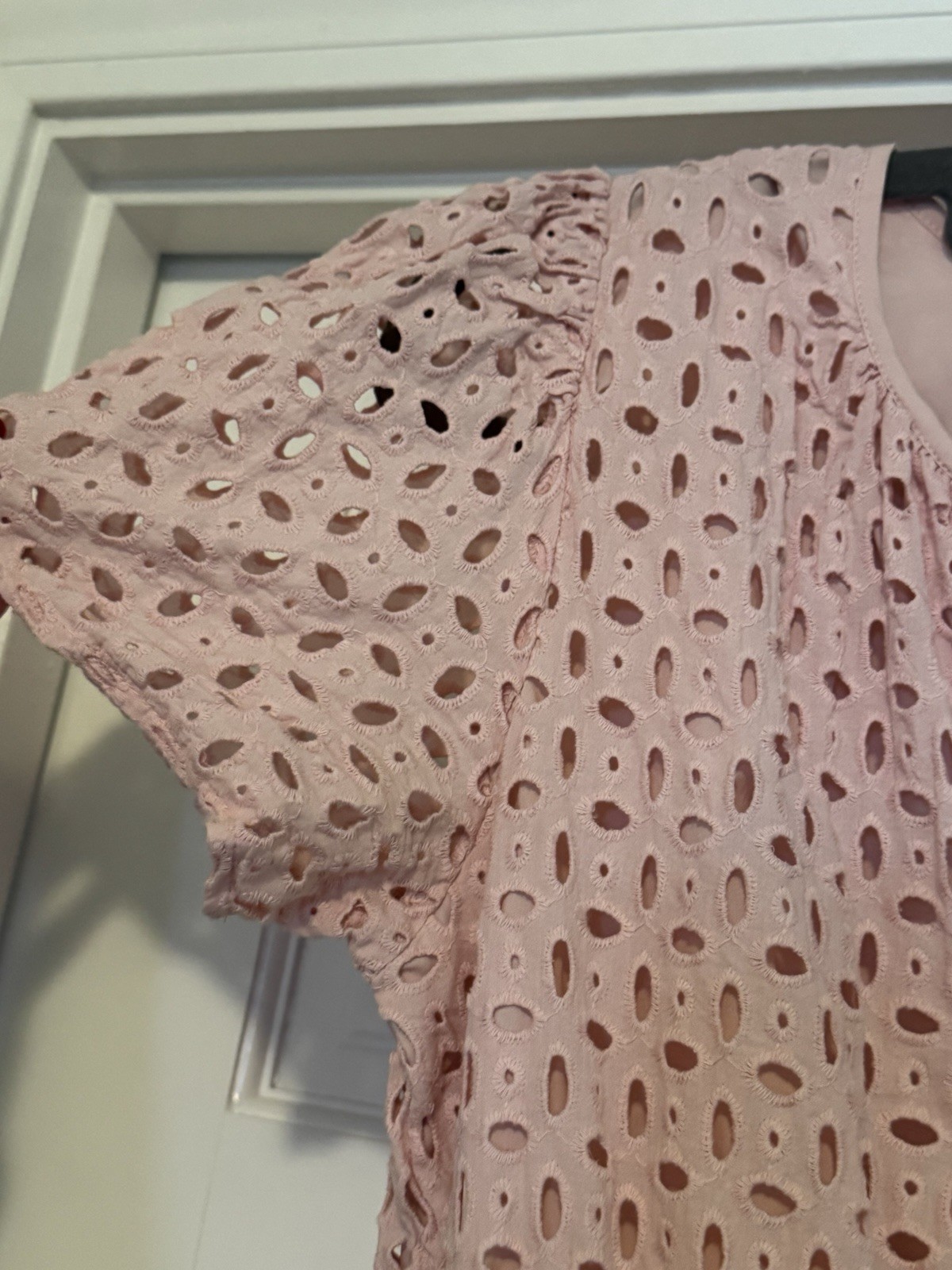 PrettyGarden Pink Eyelet Embroidered V-Neck Fit & Flare Lined Dress M