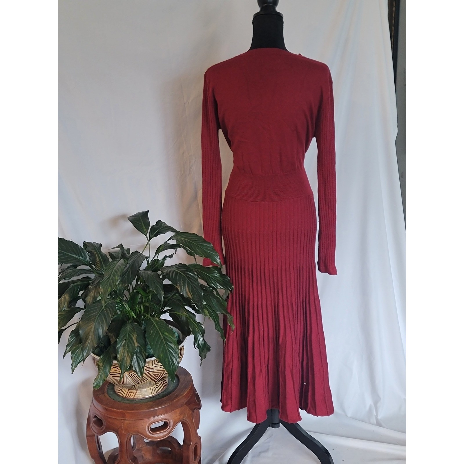 Fincati Cashmere Wool Blend Belted Ribbed Sweater Dress Burgundy Red Large