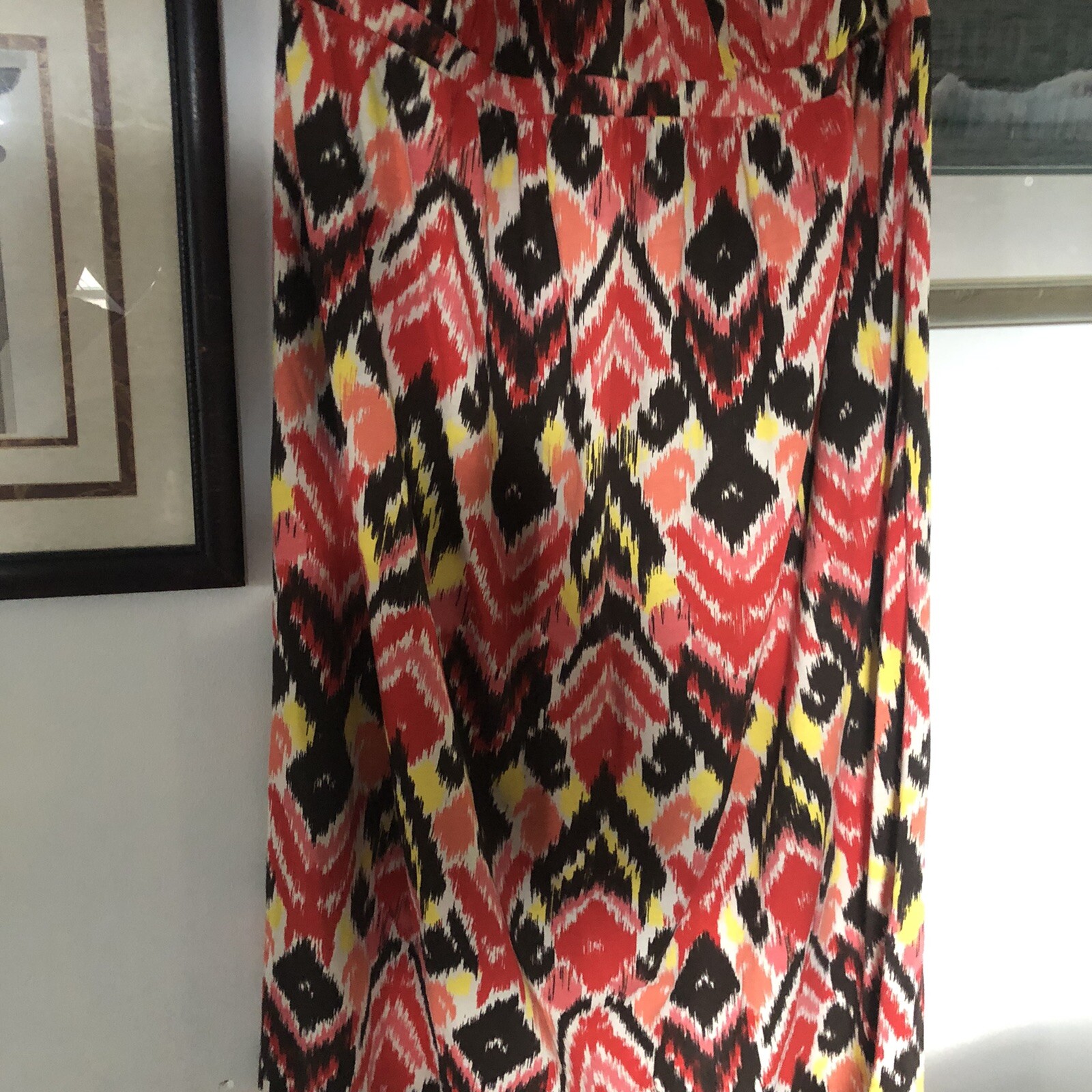 Fashion Bug Red Brown yellow ikat print maxi dress sleeveless Plus Size 3X A1303