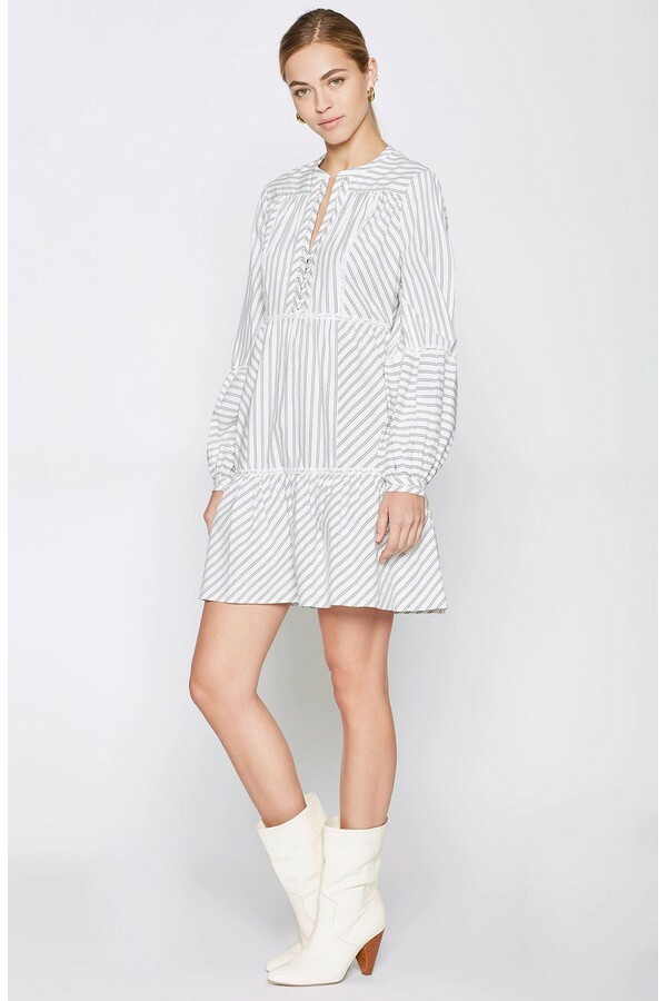 JOIE Porcelain White Stripe Lace Marison A-Line Ruffle Poplin Cotton Dress 8 = M