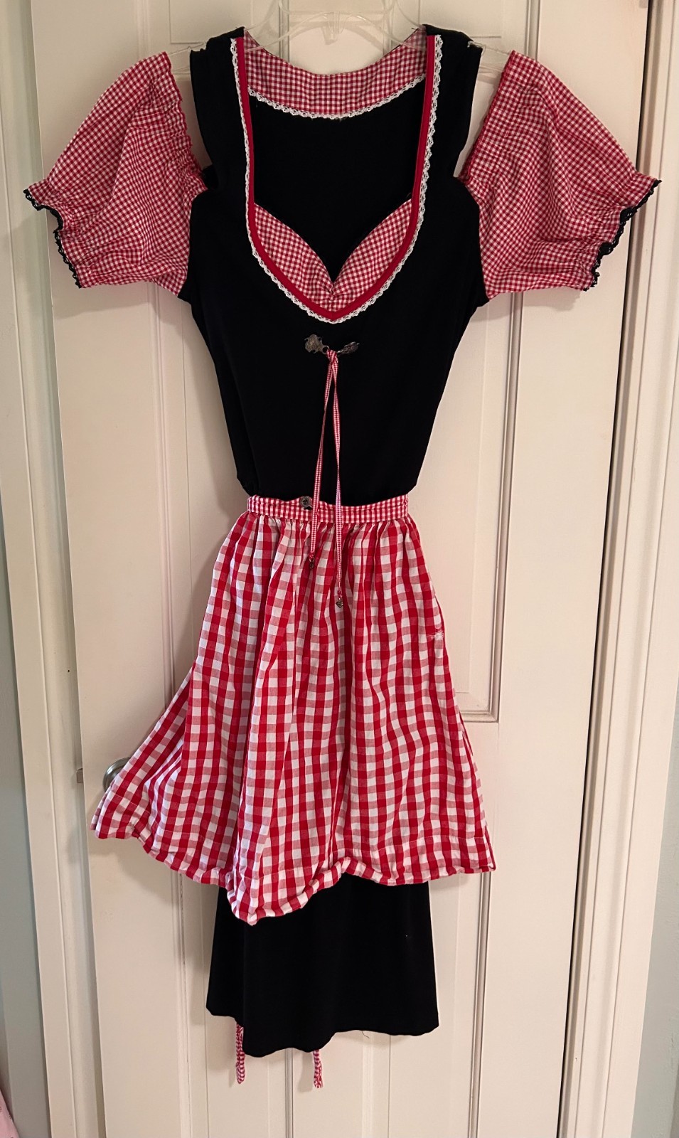 Oktoberfest Dirndl 2 pc Short Black/Red Check Off the Shoulder V-Neck Dress