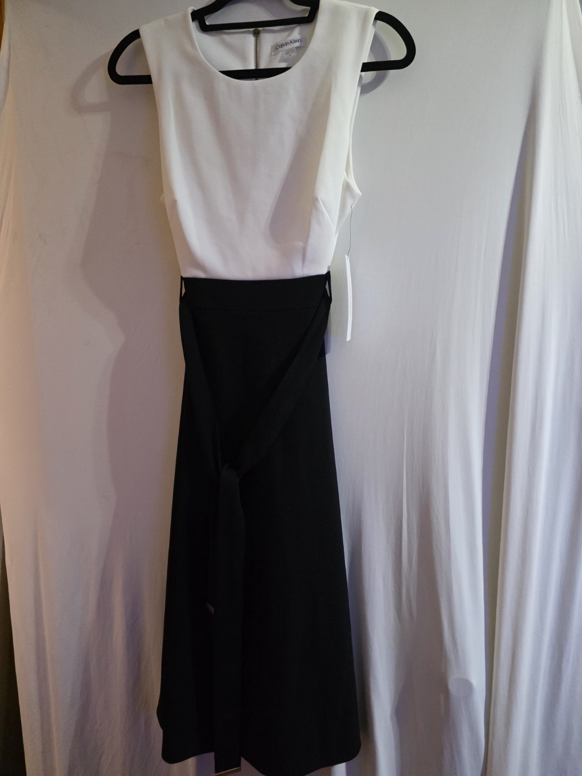 Calvin Klein NWT Black White Colorblock Midi Dress Tie Waist Size 10