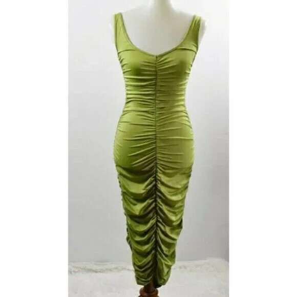 Women Green Square Neck Ruched Midi Tank Dress Sleeveless Soft Bodycon S M L