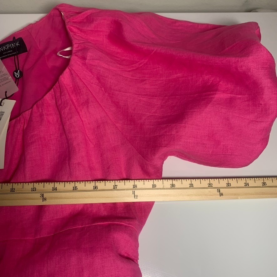 MINKPINK Selena Puff Sleeve Mini Dress NWT Hot Pink 100% Linen Size XXL