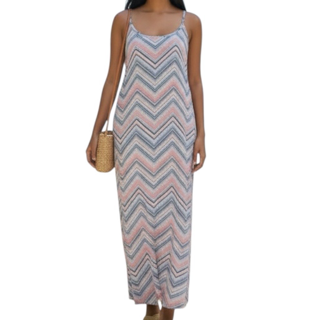 Rewind Women Juniors Maxi Dress XL Chevron Stripe Lined Side Slit Sun Dress