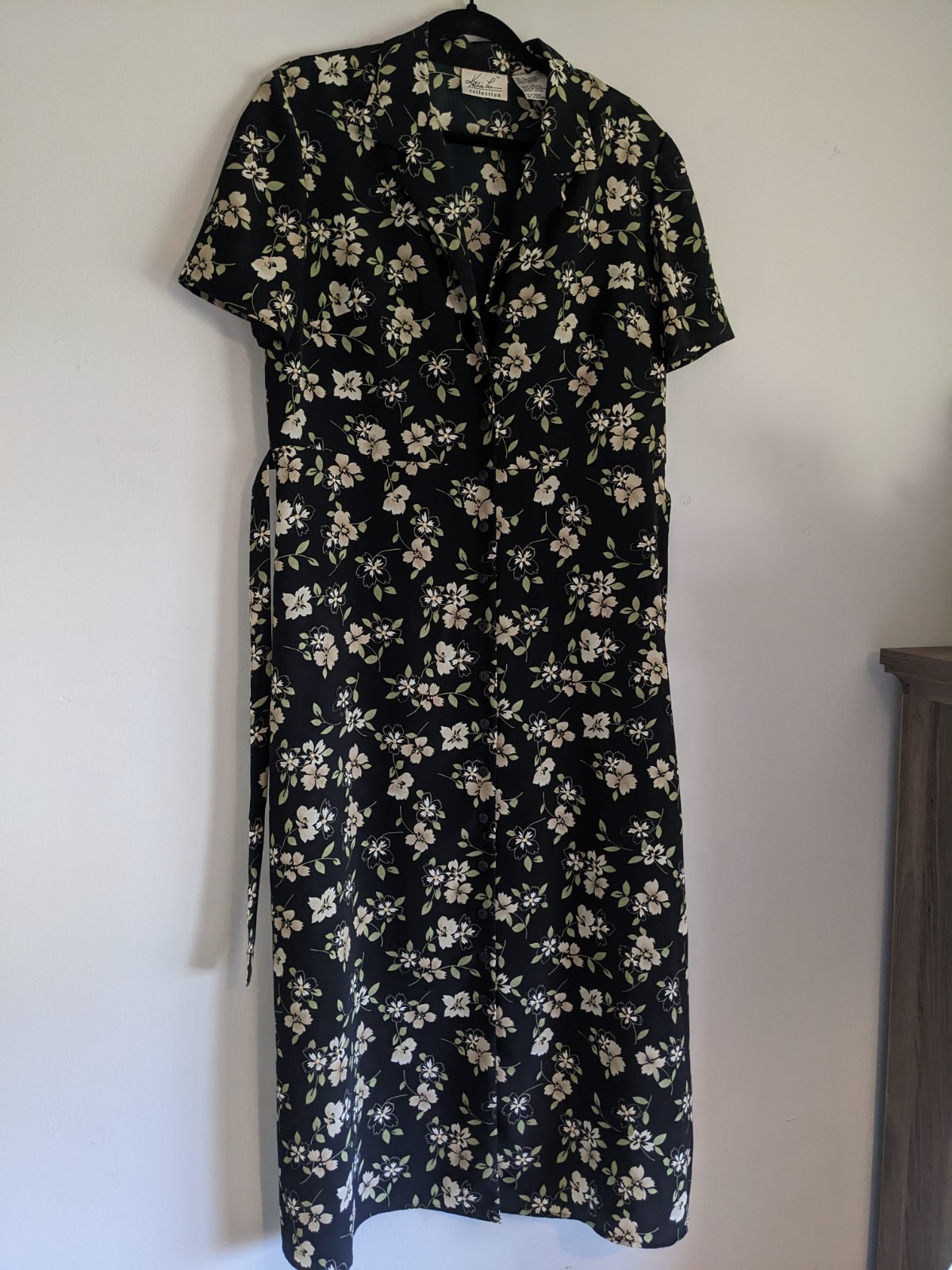 KATHIE LEE COLLECTION BLACK W BEIGE FLORAL PRINT LIGHTWEIGHT SHEER DRESS EUC