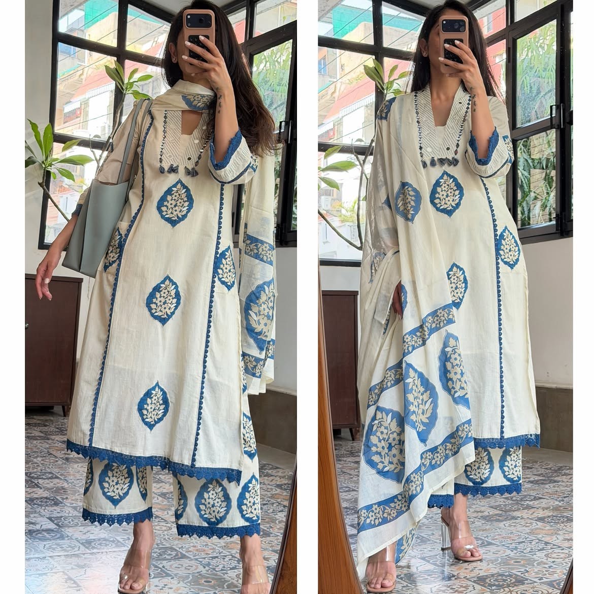 Women’s White Blue Cotton Kurta Pant Dupatta Set Block Print Ethnic Suit Wear