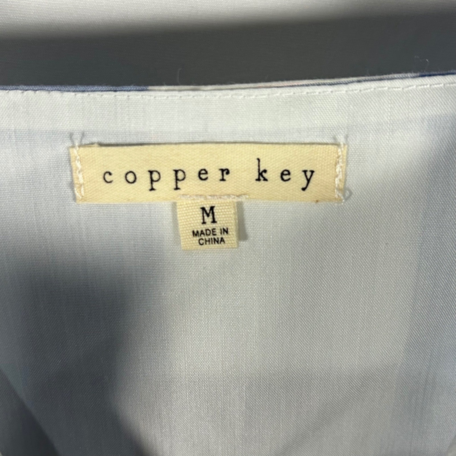 Copper Key Blue White Gingham Plaid with specks of pink and green Dress size M