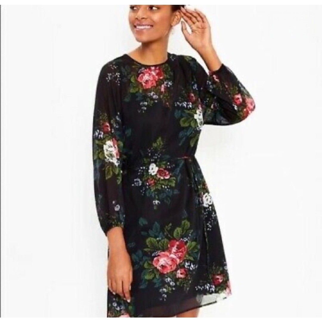Loft Sheer Party Dress sz 14, keyhole neck, tie at waist, black floral holiday