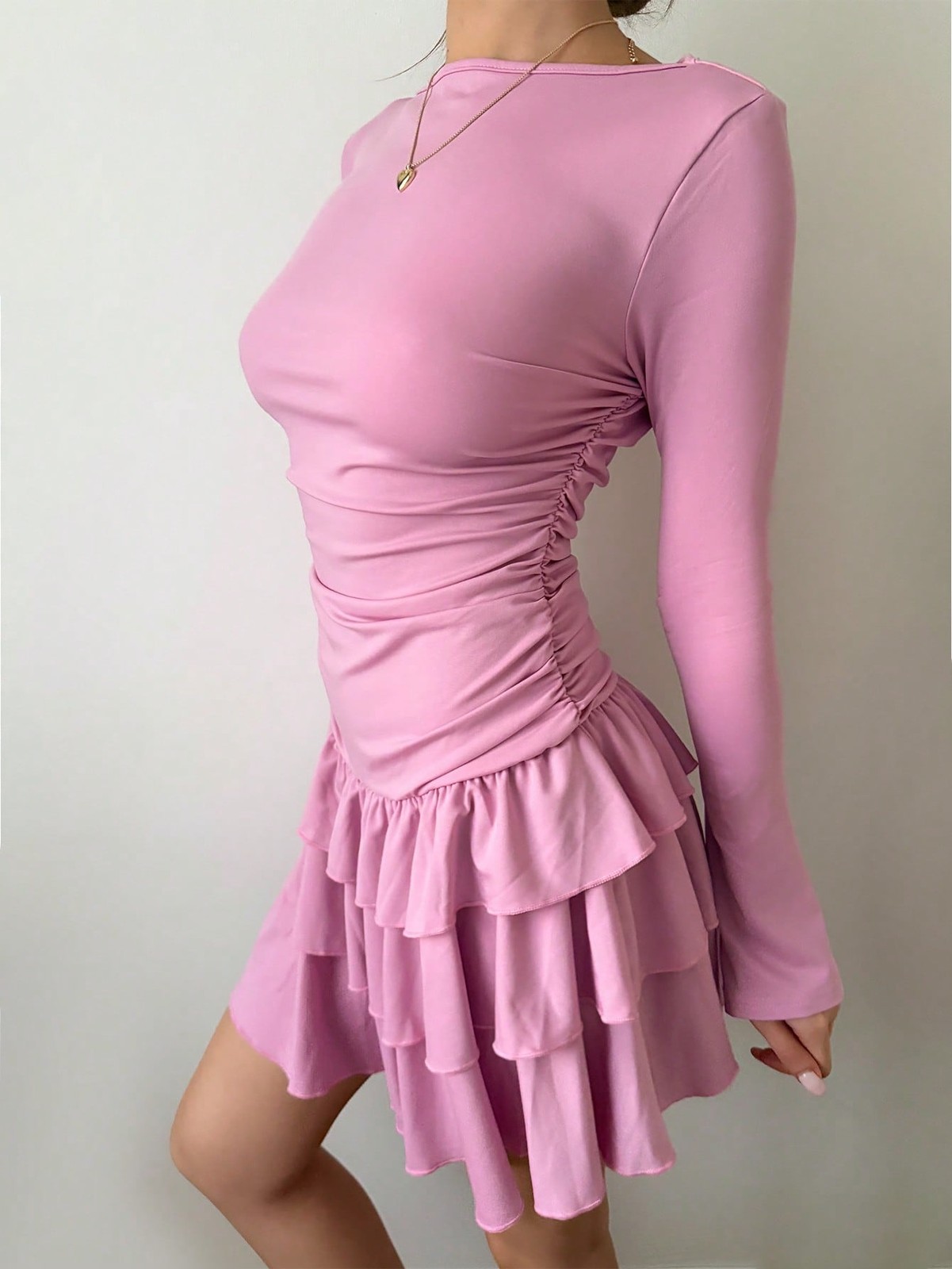 Womens Casual Solid Ruffle Hem Mini Dress
