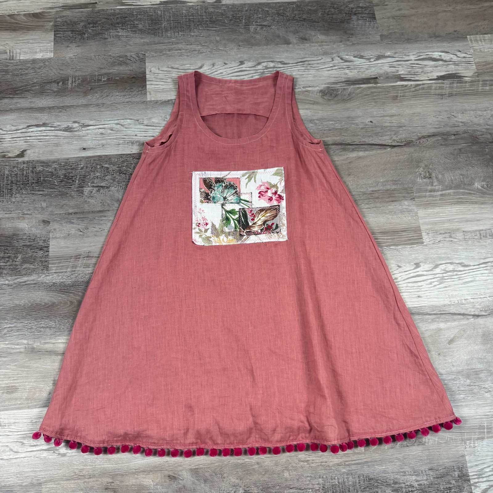Handmade Linen Blend A-Line Jumper Dress Pink Patchwork Pom Pom Trim Medium