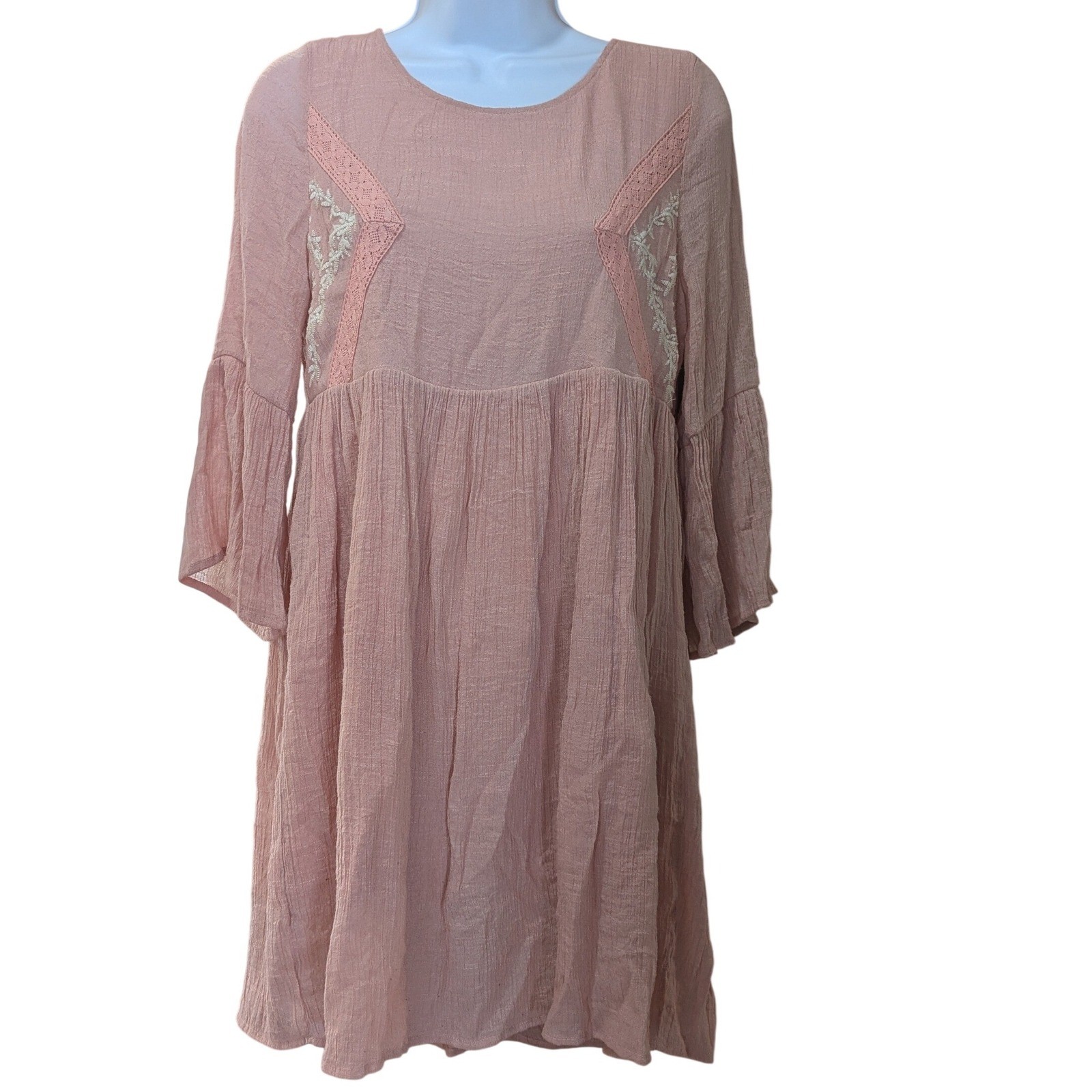 Tassels N Lace Pink Embroidered Bell Sleeve Babydoll Mini Boho Dress Small