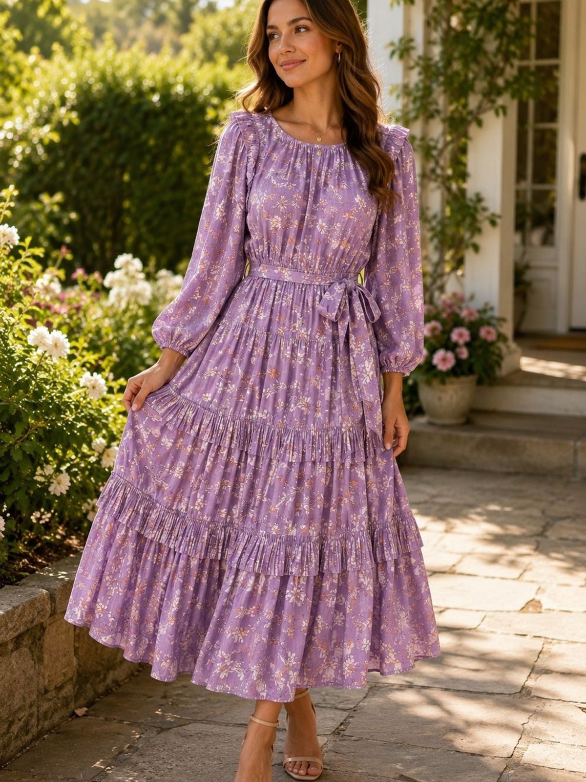 Current Air lavender purple long-sleeve tiered midi dress size Large. Praire