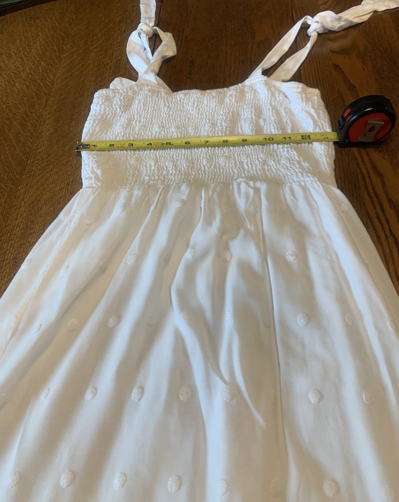 White summer long cotton eyelet dress tie sleeveless scalloped design edge Sm