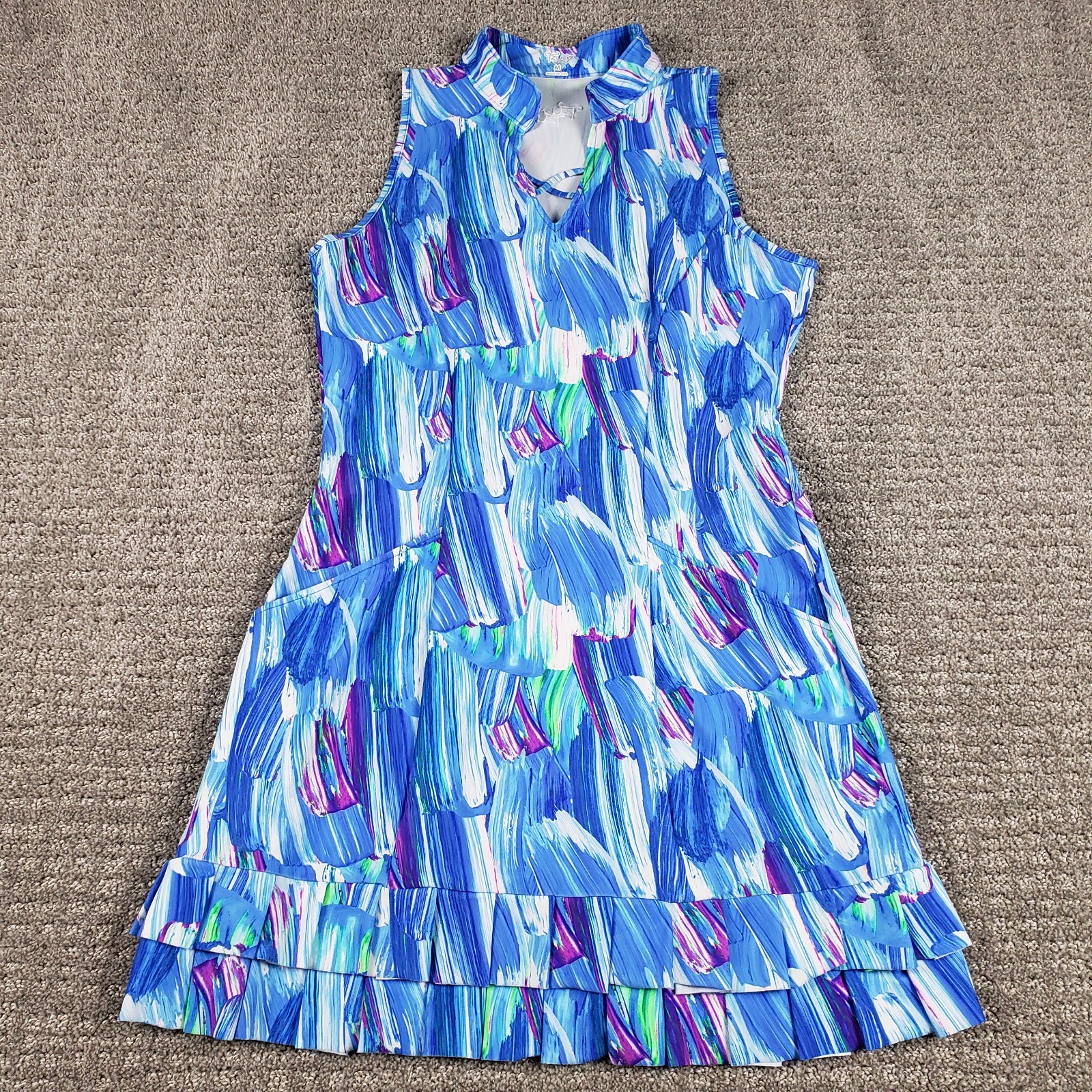Tzu Tzu Dress Medium Blue Print Fitted Stand up Collar Pleated Hem Golf Athletic