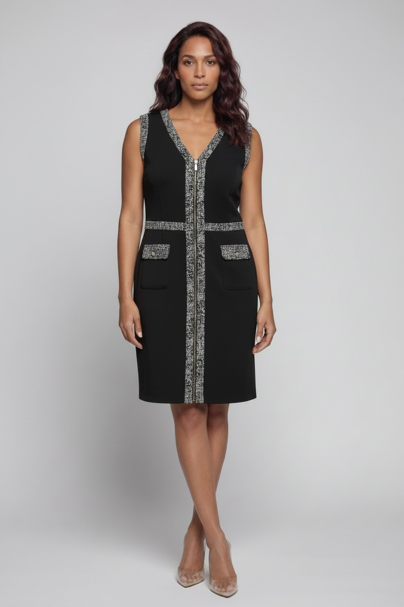 Karl Lagerfeld Paris Sleeveless Zip-Front Tweed Trim Sheath Dress