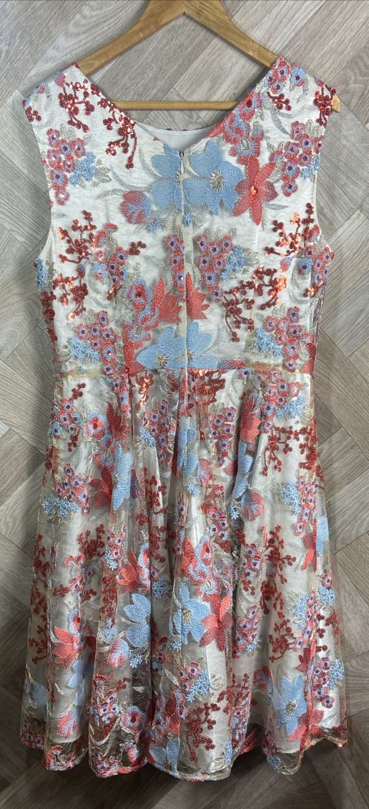 Tahari by Arthur S Levine Flared Dress Blue/Red Floral Embroidery/Sequin Size 14