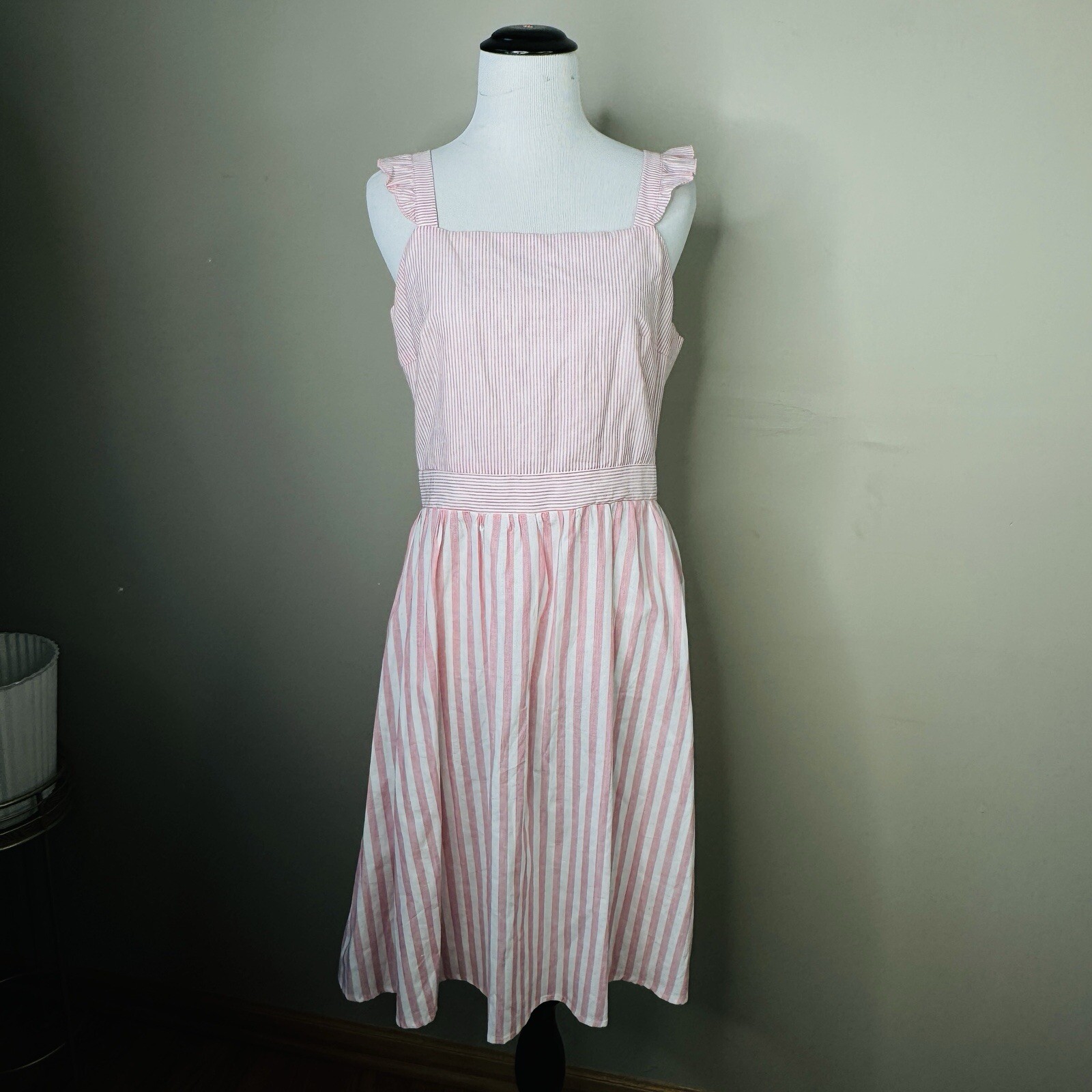 New Pat Pat Medium Dress Pink White Striped Ruffled Shoulders Sleeveless Cotton