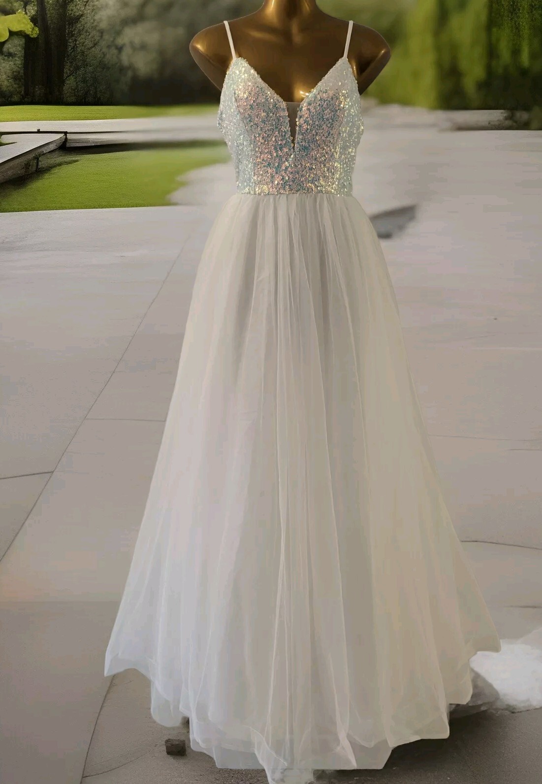 FAERIESTY womens white sequin embellished lace back ballgown dress size 12 prom
