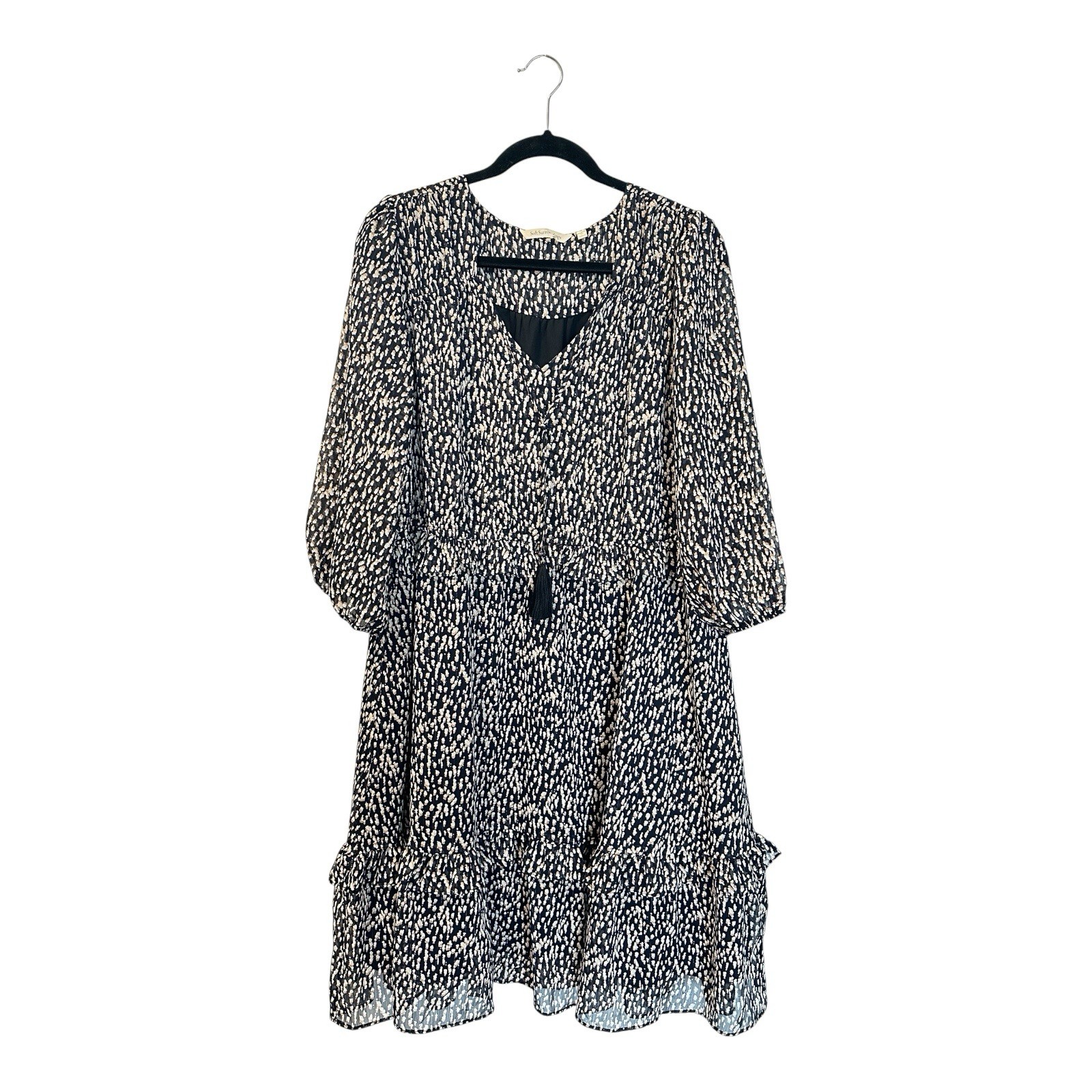 Soft Surroundings Hazel Blk Cream & Tan Abstract Gauzy Tiered Ruffle Dress SZ XL