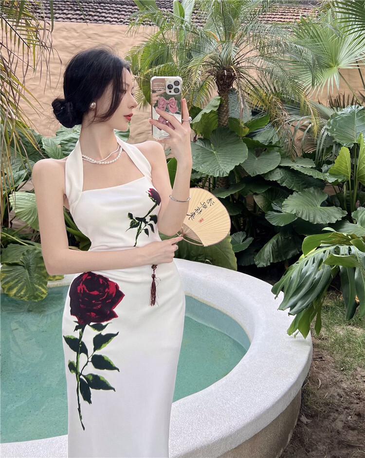 Women Sexy Open Back Mid Length Split Dress Summer Slim Fit Wrap Hip