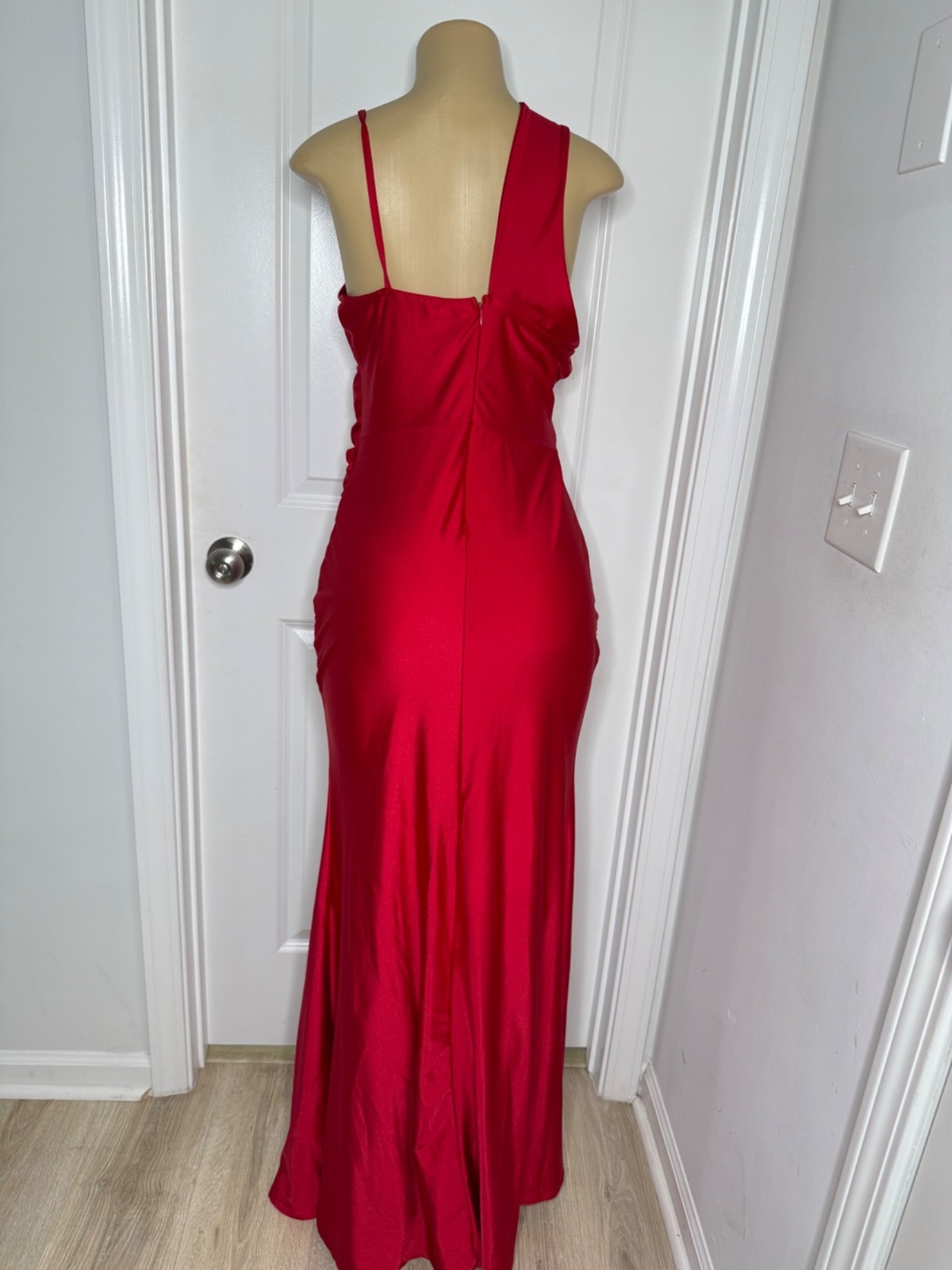 Red Sleeveless Plunging V-Neck Gown With Side Slit & Back Zipper Closure