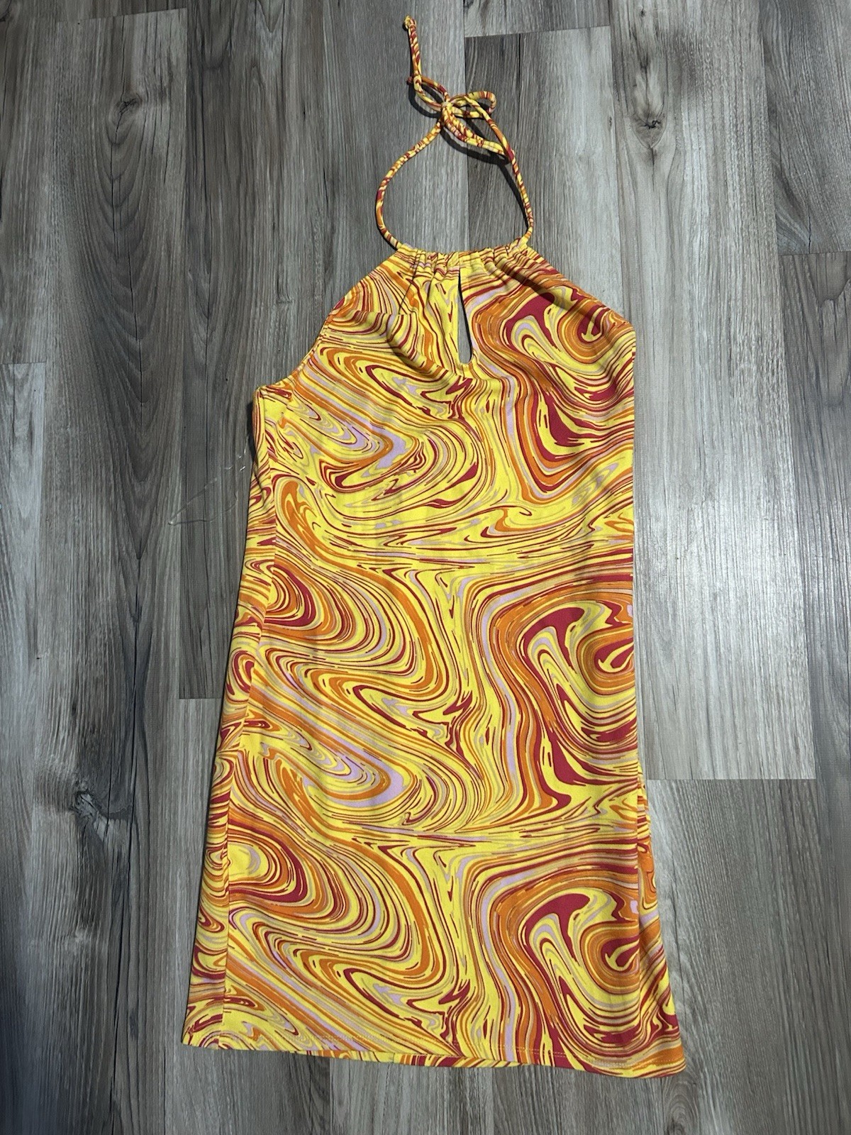 Just Polly New York XL Yellow Orange Red Abstract Halter Mini Dress Polyester