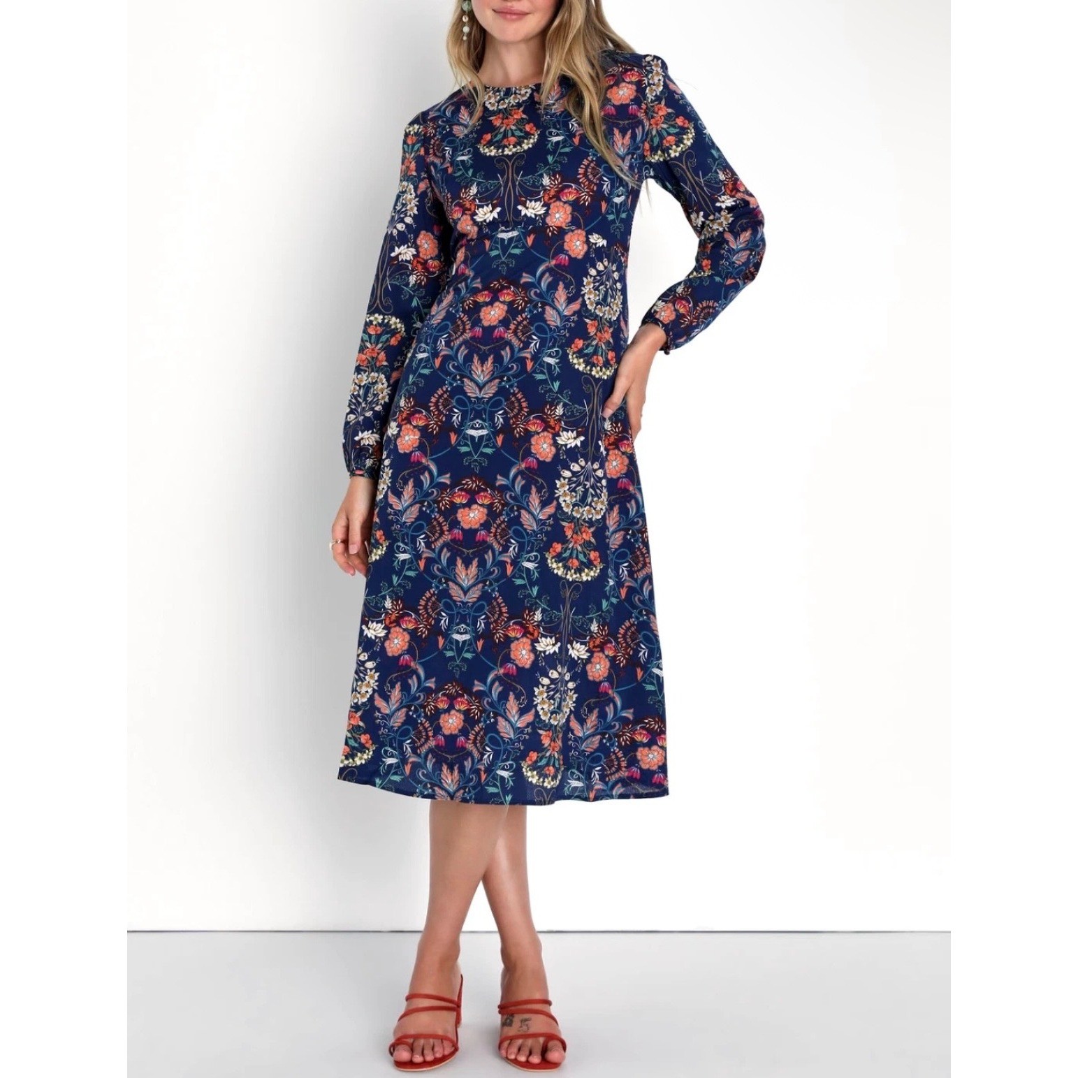 I. Madeline Garden Splendor Floral Long Sleeve Empire Waist Midi Dress Small