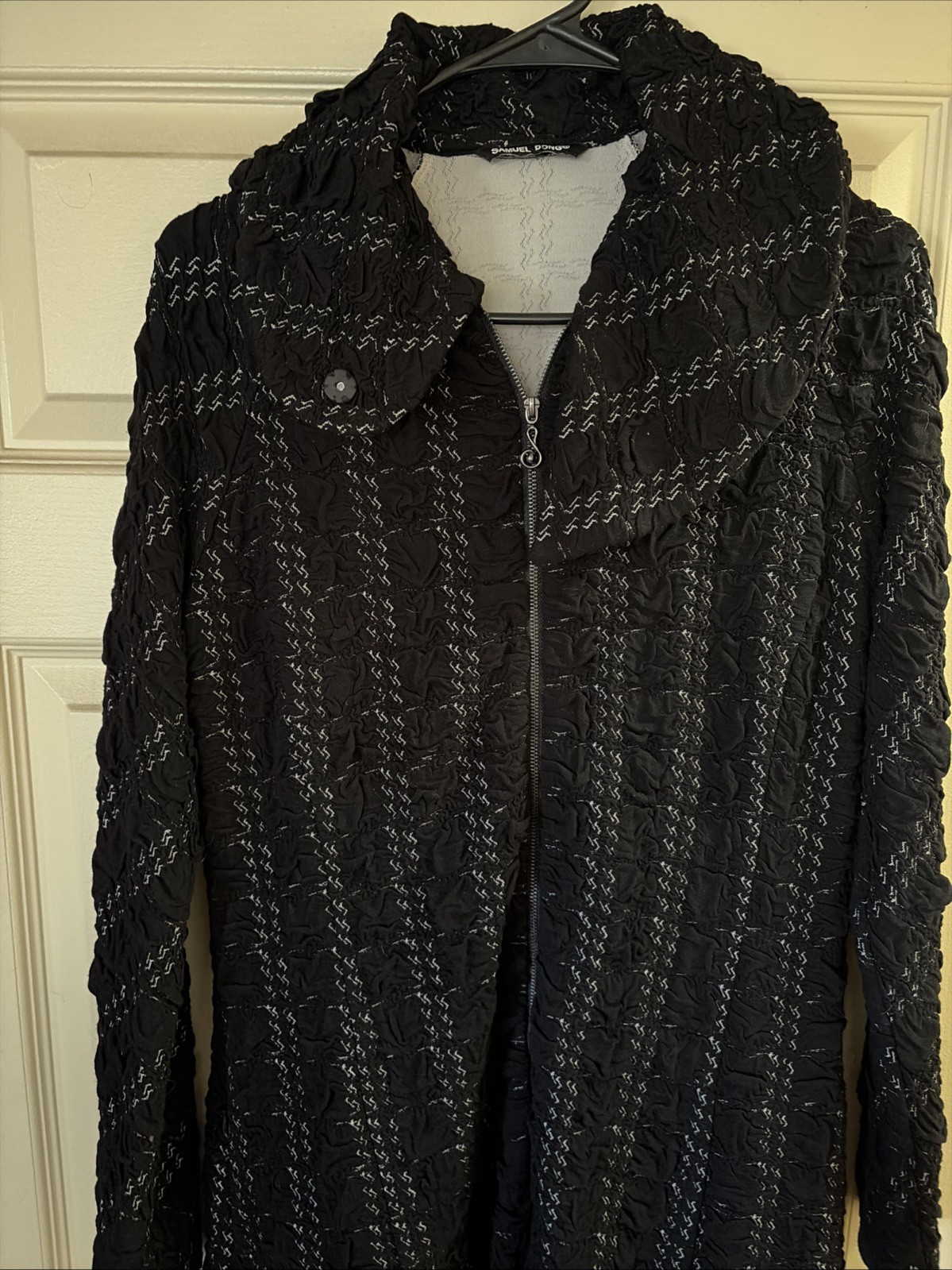 Samuel Dong Black/white Zip Front Dress Coat Sz M Long Sleeve A Line Minimalist
