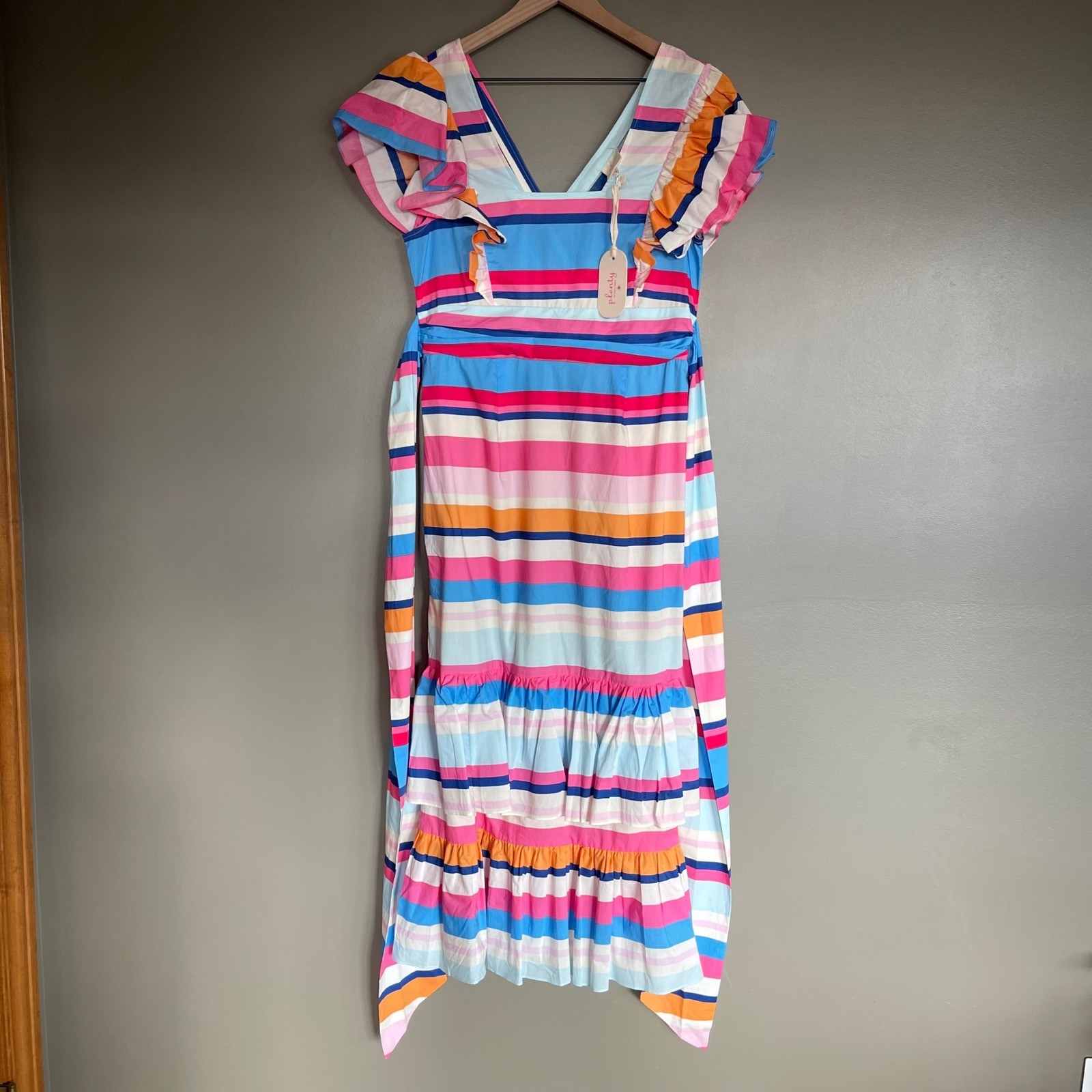 NWT Plenty Rainbow Stripe Ruffle Maxi Dress Tie Waist Flutter Sleeve Medium Chic