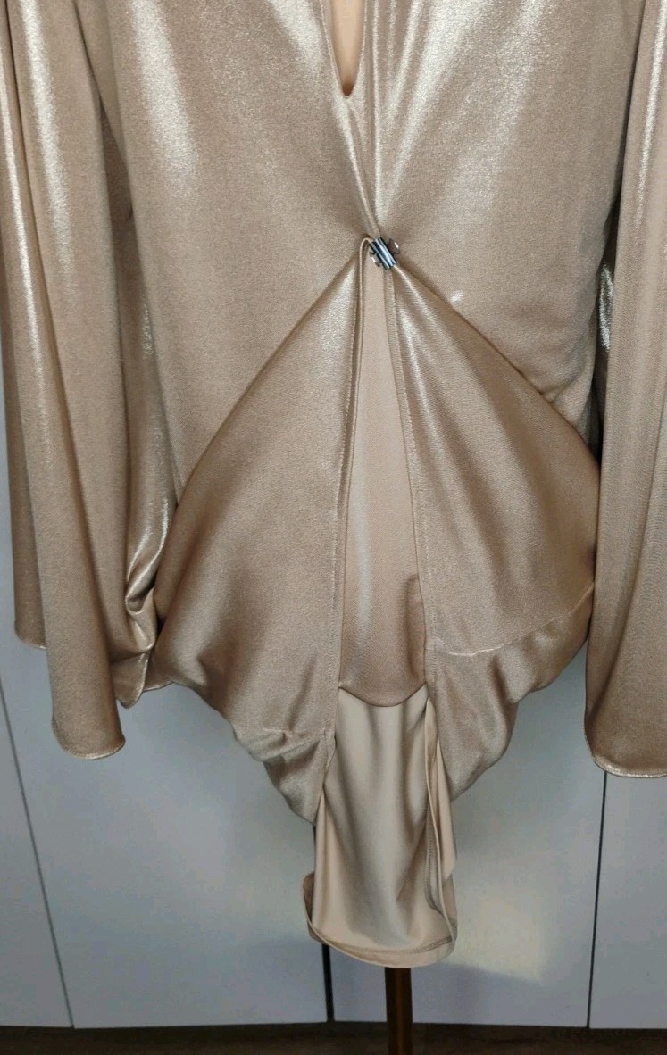 Halston Heritage gold metallic Shift dress Cape Style Sleeve Sz 4
