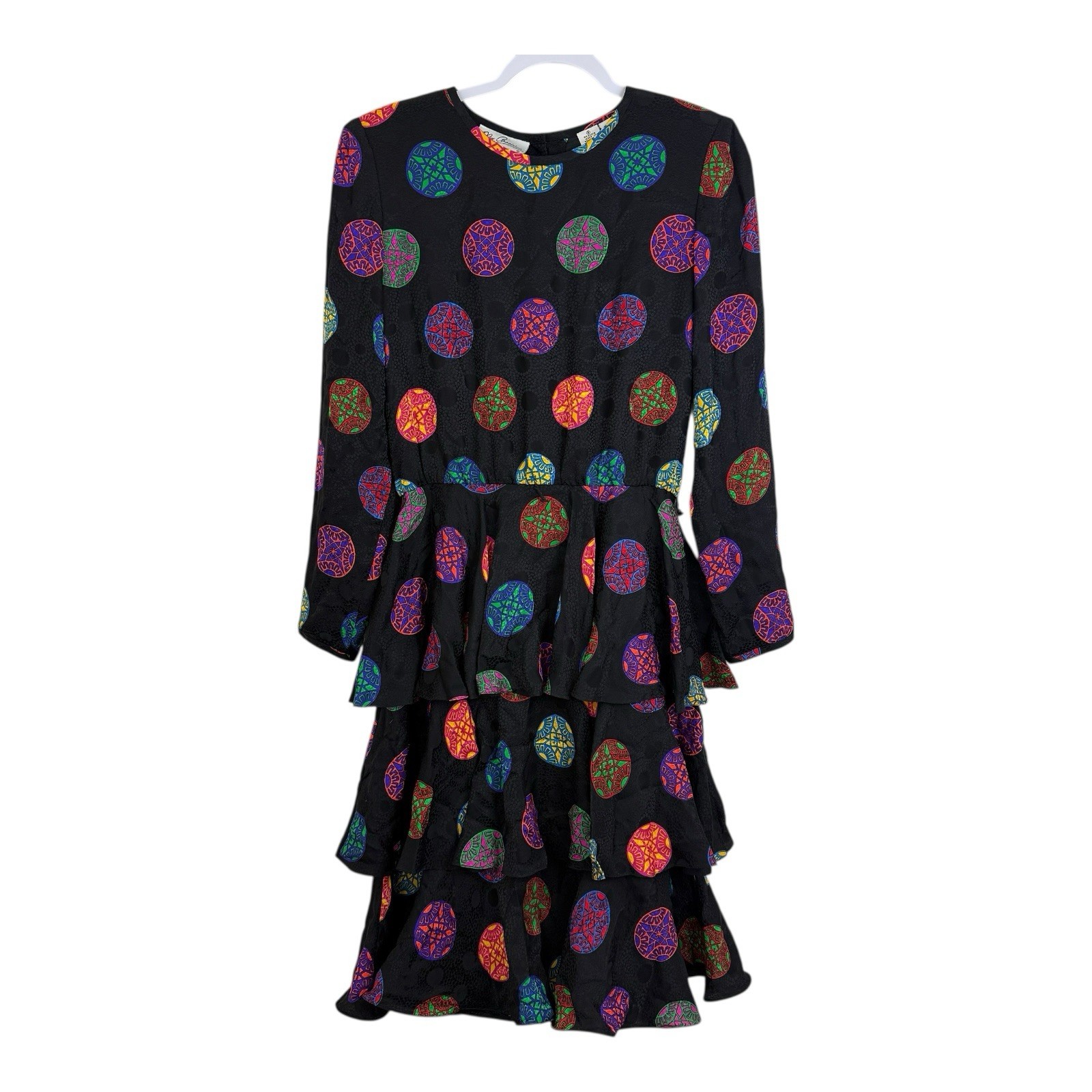 Oleg Cassini Silk Tiered Peplum Dress Sz 8 VTG 80s By He-Ro Industries Colorful