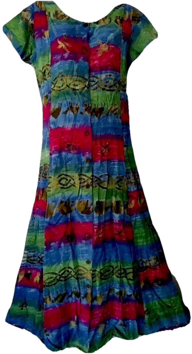 Vintage Batik Dress M Flowy Rayon Boho Hippie Festival Midi Sundress Elephants