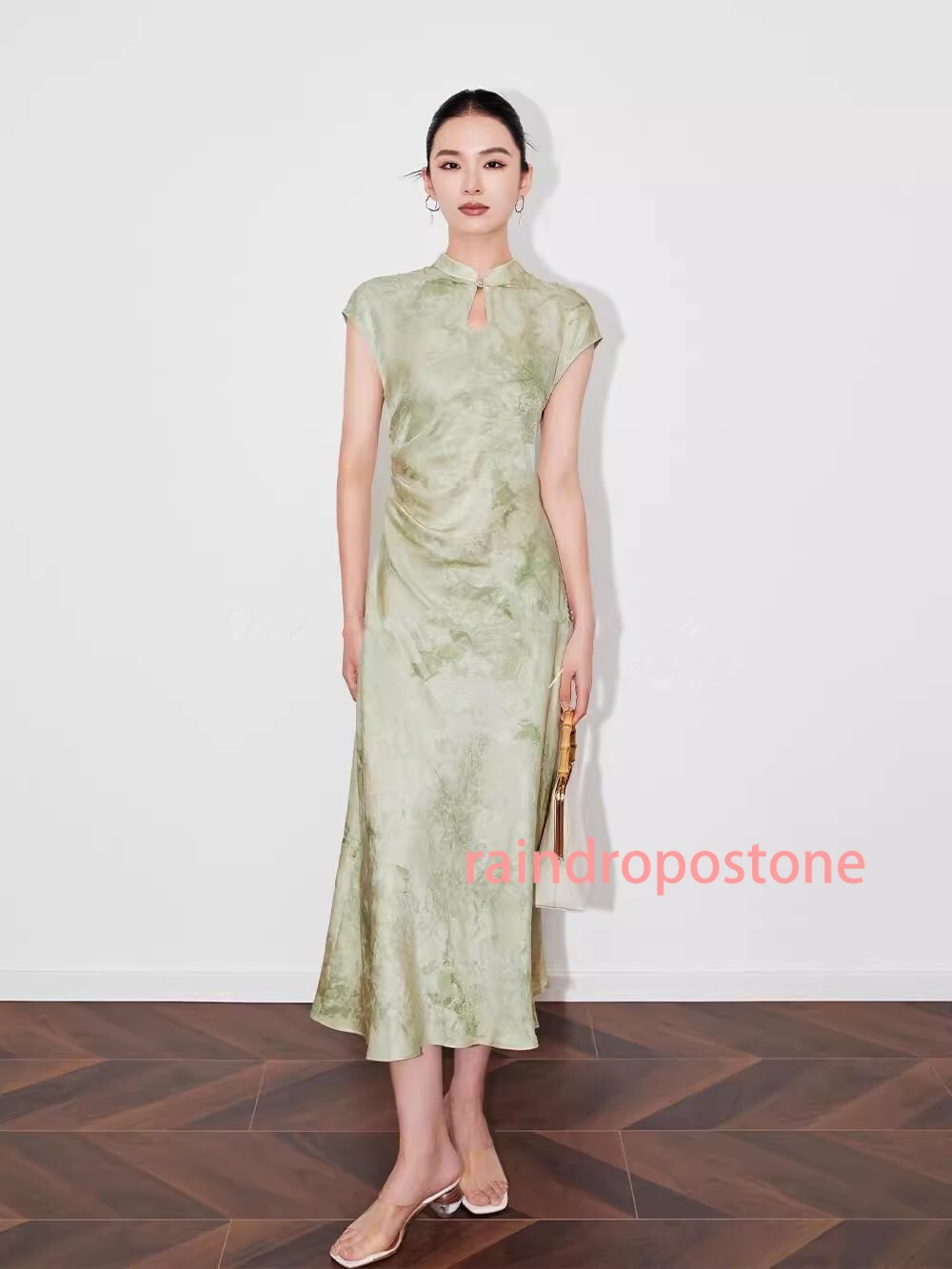 Womens Stand Collar Floral Printed Mid Long Dress Sleeveless Retro Chinese Style