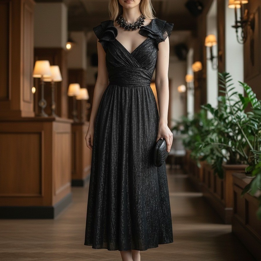Francesca’s Melliny Dress Small Black Metallic Ruffle Midi Coccktail 4088 NWT