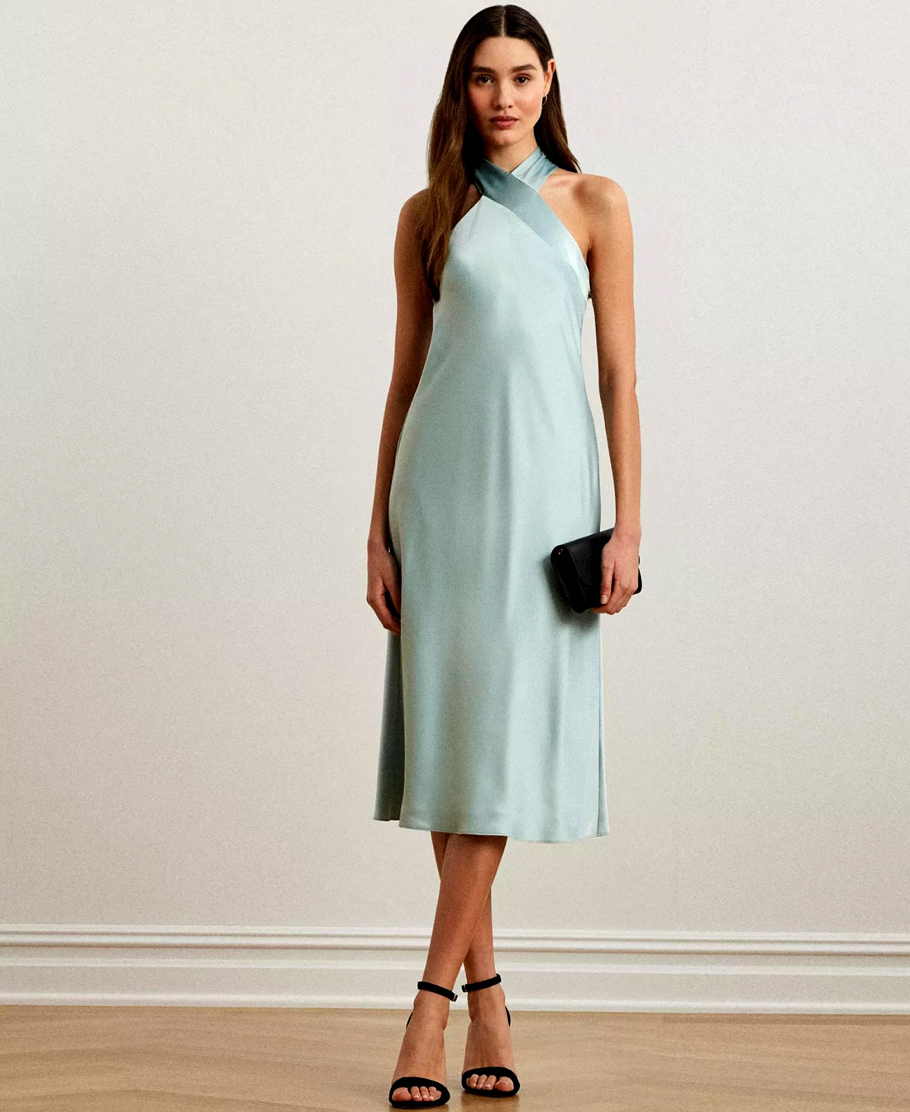 Lauren Ralph Lauren Satin Charmeuse Halter A-Line Midi Dress Aqua Pearl $265, 14