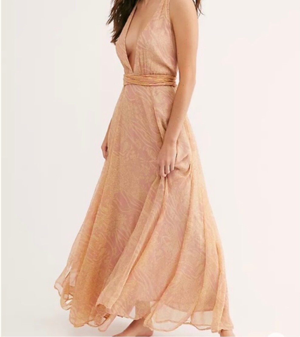 FREE PEOPLE ~GIORGIA Maxi DRESS ~Crinkle Flowing Peach Color ~Wrap Tie ~ 6 ~ EUC
