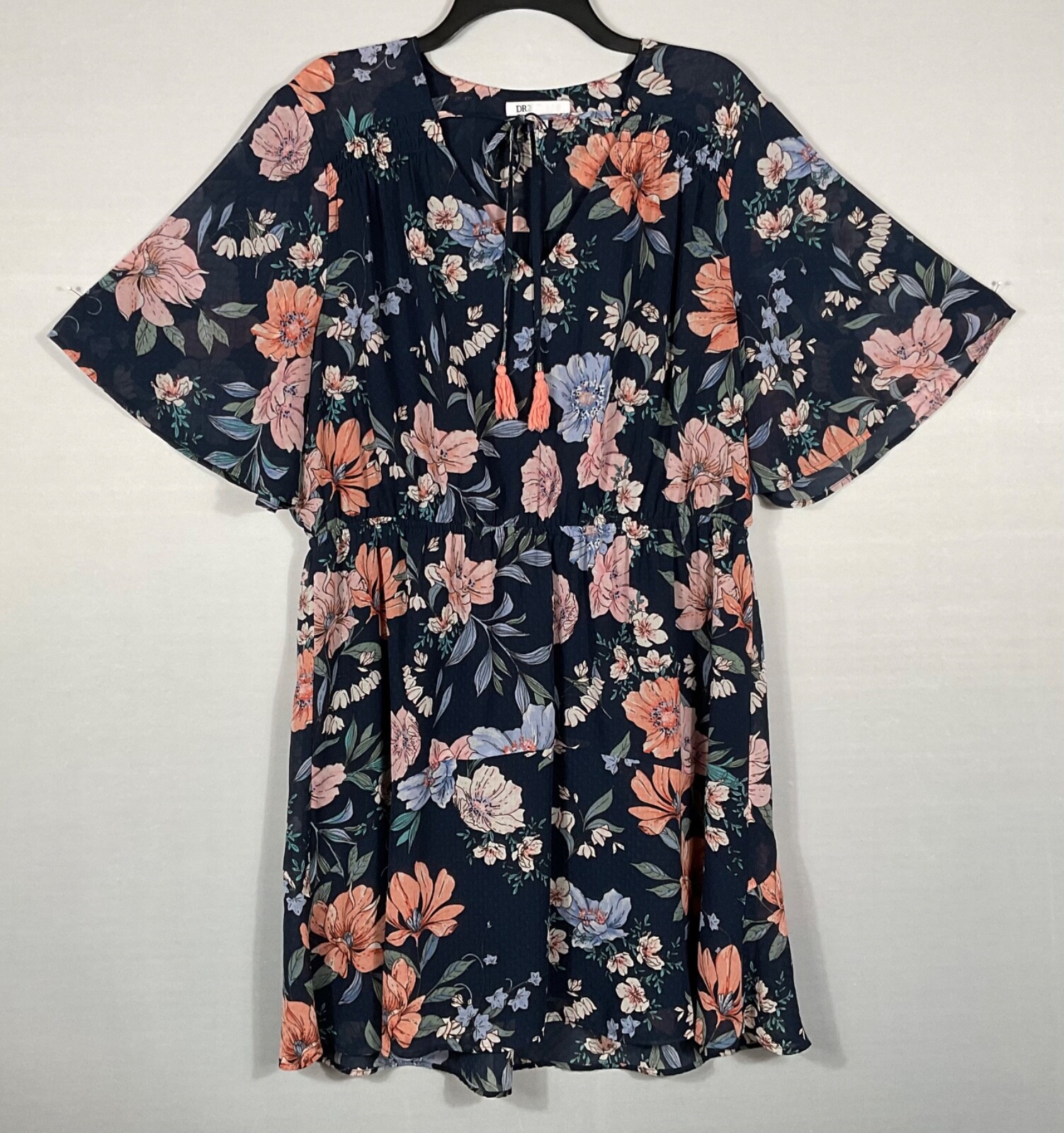 DR2 Dress Womens XL Green Floral A-Line Ruched Tie V-Neck Long Kimono Sleeves