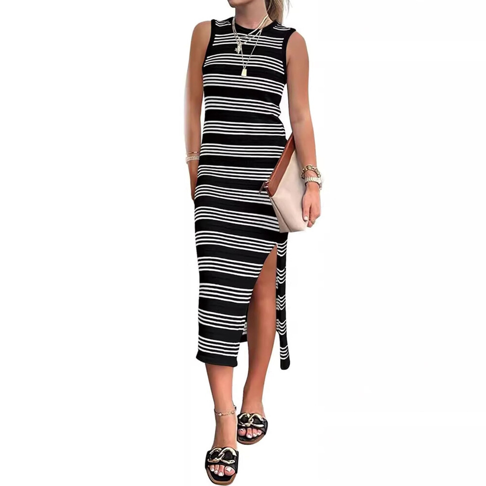 Women’s Striped Sleeveless Split Midi Dress Casual Summer Bodycon Knit Dress
